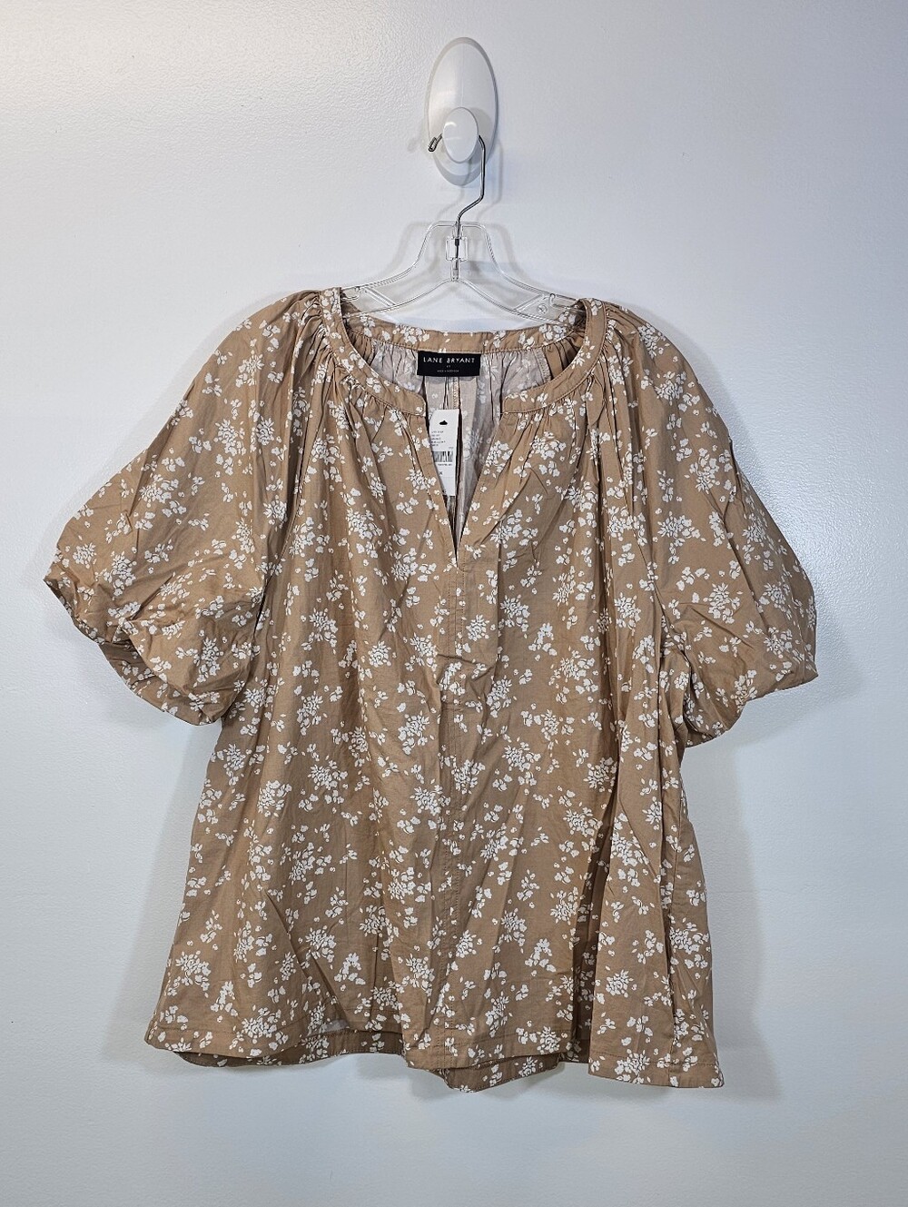 NWT Lane Bryant Taupe Floral Puff-Sleeve Peasant Blouse